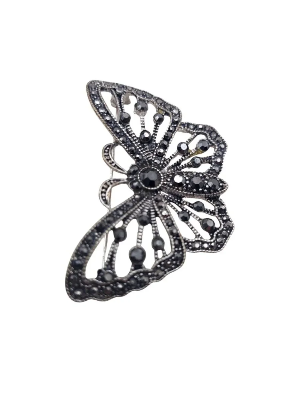 Marcasite Butterfly Brooch Pin Filigree Silver Tone Crystal Insect Vintage
